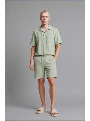 DeFacto %100 Keten Premium Baggy Fit Nane Yeşili Bermuda Şort G0854AX26SM