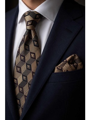 Kravatkolik Gold Kahve Motif Desen Mendilli Klasik Kravat KK13785