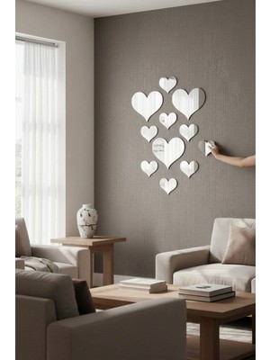 Buççin Online Mağaza  Kalp Şeklinde Silver Ayna Yapışkanlı Pleksi Duvar Dekoru 3 Adet 10 x 9 cm / 7 Adet 6 x 5 cm Cam Gri