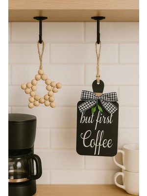 Buççin Online Mağaza  But First Coffee Kahve Köşesi Iskandinav Mutfak Dolap Süsü & Ahşap Yıldız 2'li Set Ahşap Siyah