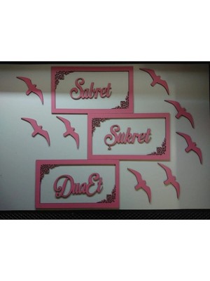 Buççin Online Mağaza  Sabret Şükret Duaet 28X17 3 Lü Duvar Panosu (8 Ad. Kuşlu) Pembe Ahşap Pembe