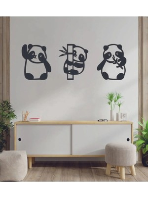 Buççin Online Mağaza  1108 Lazer Kesim Ahşap Duvar Dekoru 3' Lü Panda Tablosu Ahşap Siyah