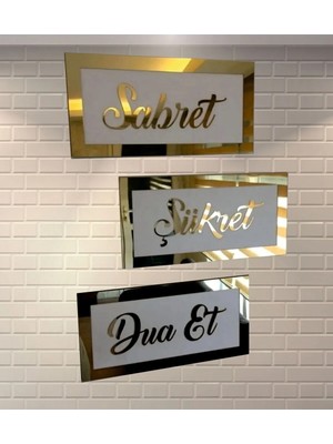 Buççin Online Mağaza  Dekor Treni 3D Beyaz Üzerine Gold Pleksi Sabret Şükret Dua Et Seti Plastik Beyaz