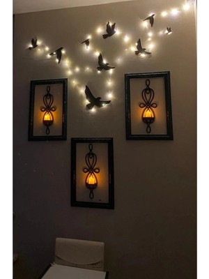 Buççin Online Mağaza  Ahşap Dekoratif Kuş 9 Lu Set ve 5 Metre Beyaz Işık Peri LED Aydınlatma ( Piller Dahil ) Ahşap Siyah