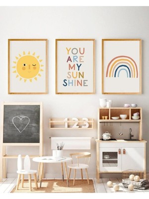 Buççin Online Mağaza  Gökkuşağı ve Güneş Bebek & Çocuk Odası Dekoratif Mdf Duvar Tablo Seti 3 Parça Ahşap Çok Renkli