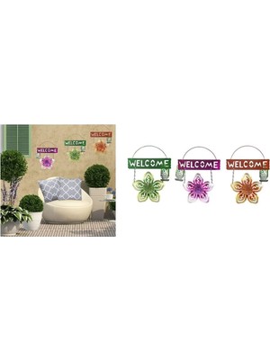 Buççin Online Mağaza  Balkon,bahçe ve Oda Hoşgeldiniz Tabelası 3 Lü Set Çiçekli 26X20X0,2CM Metal Çok Renkli