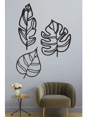 Buççin Online Mağaza  Siyah Ahşap 3lü Yapraklar Duvar Dekoru - Salon Oturma Odası Yatak Odası Için 150X90 cm Mdf Tablo Ahş