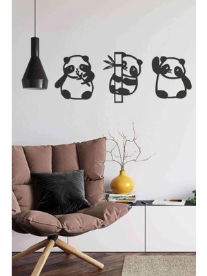 Buççin Online Mağaza  Panda 3lü Duvar Dekoru Siyah Ahşap Lazer Tablo Mdf Ahşap Siyah