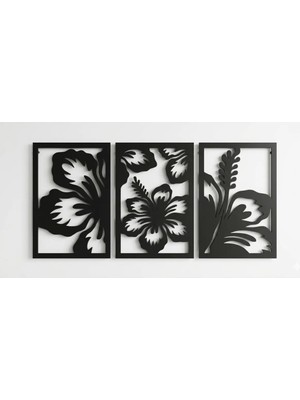 Buççin Online Mağaza  3 Lü Set Çiçek Serisi Ahşap Duvar Sanatı , Tablo , Dekorasyon Ürünleri Siyah Renk 150X80 Cm. Akrilik