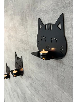 Buççin Online Mağaza  Dekoratif Kedi Duvar Rafı 3 Lü Set (20 Cm) Duvar Mumluğu Ahşap Siyah