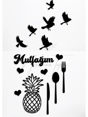 Buççin Online Mağaza  Siyah Ahşap Mutfağım Ananas ve Uçan Kuşlar Duvar Dekoru - Mutfak Konsepti Cafe Için Tablo Seti Ahşap