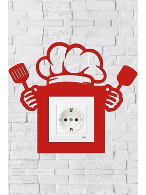Buççin Online Mağaza  Mutfak Tasarım Kırmızı Şef Priz Çerçevesi (Iç Ölçü 8,4x8,4 Cm) Dekoratif Priz Süsü Ahşap Kırmızı