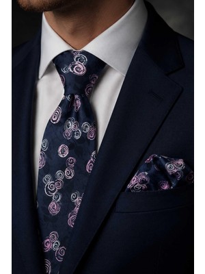 Kravatkolik Füme Pembe Çiçek Desen Mendilli Klasik Kravat KK13789