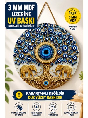 Buççin Online Mağaza  Nazar Boncuğu Temalı Ahşap Mdf Duvar Süsü - Hayat Ağacı Tasarımlı - 2d Düz Uv Baskı Ahşap Lacivert
