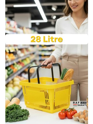 Raf Sanatı 28 Litre Plastik Market Alışveriş Sepeti Saplı Dayanıklı Market Mağaza El Sepeti Sarı