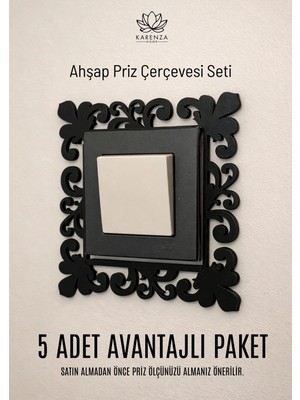 Buççin Online Mağaza  Dekoratif Desenli Priz Çerçevesi – Ahşap Duvar ve Priz Süsü Seti 5'li Hediyelik Ahşap Siyah