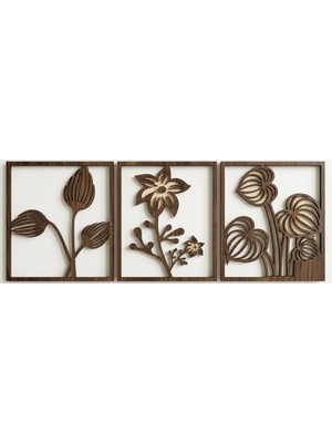 Buççin Online Mağaza  3 Lü Çiçek Serisi Seti - Ahşap Duvar Dekorasyonu Tablo / Süs Ceviz Renk - 70X30 cm Ahşap Kahverengi