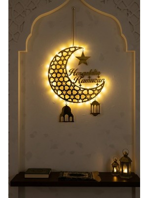 Buççin Online Mağaza  LED Li Hoşgeldin Ramazan Aynalı Pleksi Duvar Süsü, Hilal Desenli Ahşap Ramazan Duvar Dekoru Bu Ahşap