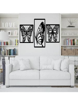 Buççin Online Mağaza  3'lü Kelebek Figür Duvar Süsü - 40X30 cm Ahşap Gri