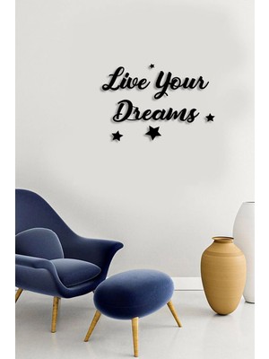 Buççin Online Mağaza  Siyah Ahşap Yıldızlı Live Your Dreams Duvar Dekoru - Salon Oturma Yatak Odası Için 60X30CM Tablo Ahş