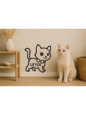 Buççin Online Mağaza  Isme Özel Kedi Duvar Dekorasyon Ürünü 40X37 Kedi Süsü Dekoru Kişisel Ürün Ahşap Siyah