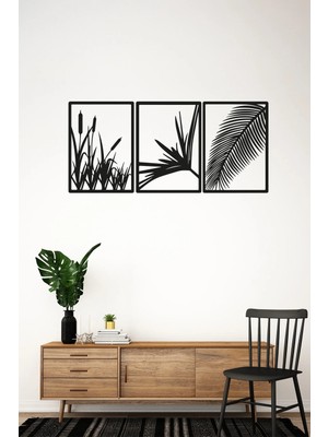 Buççin Online Mağaza  3'lü Lazer Kesim Dekoratif Ahşap Sazlık Tablo - 98X25 cm (Her Biri 18X25 Cm) Ahşap Siyah