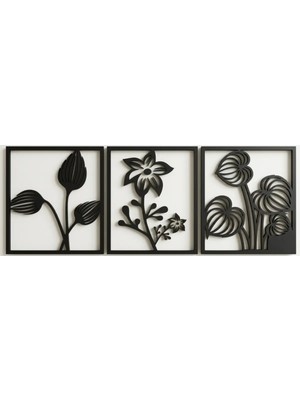 Buççin Online Mağaza  3 Lü Set Çiçek Serisi Ahşap Duvar Dekorasyonu Süs - Siyah Renk 70X30 cm Ahşap Siyah