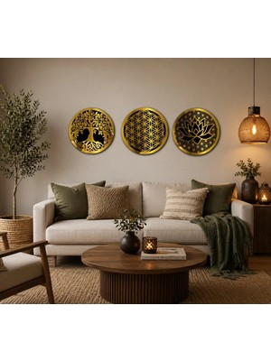 Buççin Online Mağaza  Hayat Ağaçı Yaşam Çiçeği Lotus Çiçeği Anlamlı Gold Renk Pleksi Aynalı 3 Parça Duvar Dekor Tablo Ahşa