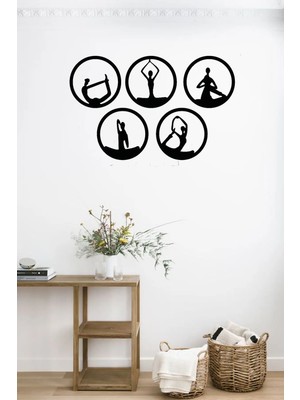 Buççin Online Mağaza  Yoga Seti Ahşap Duvar Dekoru - Yoga Figürlü Duvar Süsü - 5 Parça Ahşap Siyah