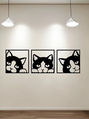 Buççin Online Mağaza  Ahşap Duvar Süsü Tablo 3 Kedi Ahşap Siyah