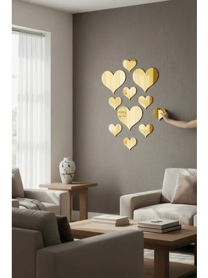 Buççin Online Mağaza  Kalp Şeklinde Gold Ayna Yapışkanlı Pleksi Duvar Dekoru 3 Adet 10 x 9 cm / 7 Adet 6 x 5 cm Cam Sarı