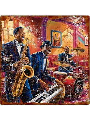 Buççin Online Mağaza  Jazz Temalı Müzisyenler Uv Baskılı Alüminyum Dekoratif Tabela – Vintage Tarz Metal Duvar Levhası Met