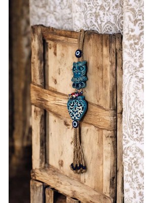 Buççin Online Mağaza  Nazar Boncuklu Seramik Bilge Baykuş ve Desenli Saksı Temalı Dekoratif Duvar Süsü 7X45 cm Seramik Çok
