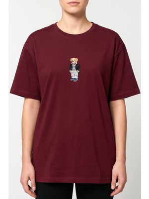 Hadiora Kadın Bordo Ayıcık Nakışlı Pamuklu T-Shirt