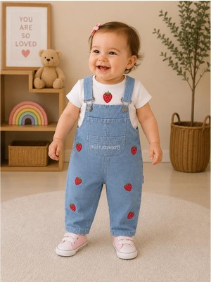 Marvy Kids Kız Bebek Salopet Takım Çilek Desenli Kot Salopet Tişörtlü 2’li Takım