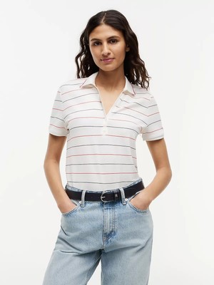 Tommy Hilfiger Kadın Düğme Kapama Kısa Kol %100 Pamuk Beyaz T-Shirt WW0WW49975-0FD