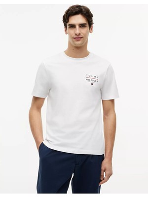 Tommy Hilfiger Erkek Kısa Kol Regular Fit Bisiklet Yaka Pamuklu Kumaş Beyaz T-Shirt MW0MW44361-YBR