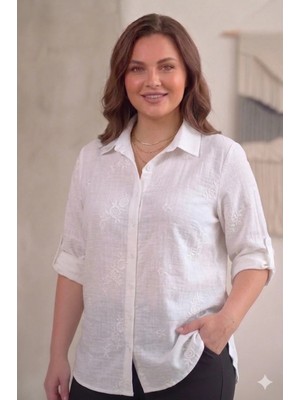 Elma Abone Büyük Beden Kadın Işli Polly Keten Gömlek