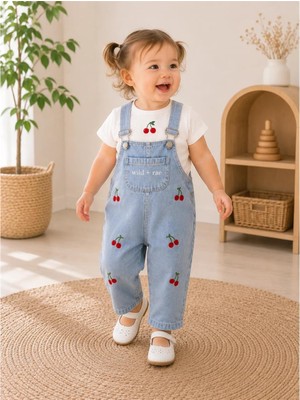 Marvy Kids Kiraz Nakışlı Kız Çocuk Salopet Takımı Beyaz Tişört & Kot Salopet