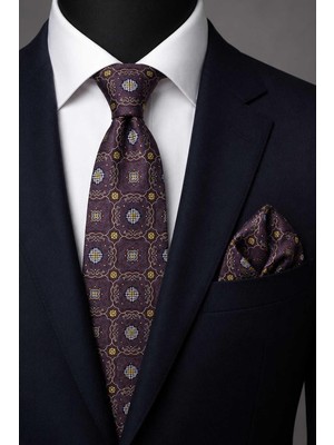 Kravatkolik Kahve Sarı Motif Desen Mendilli Klasik Kravat KK13758