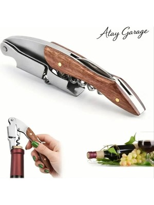 Atay Garage Ahşap Saplı Profesyonel Tirbuşon Şarap Şampanya Mantarı Açacağı Tirbişon