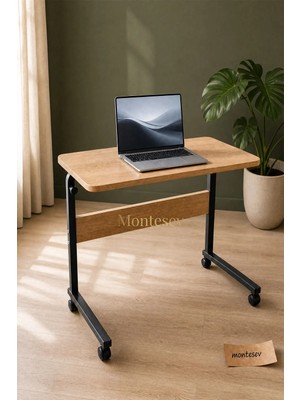 Montesev Yükseklik Ayarlı Laptop Sehpası ve Çalışma Masası - Atlantik Çam (Tekerli) 70X40 Oval Kenar