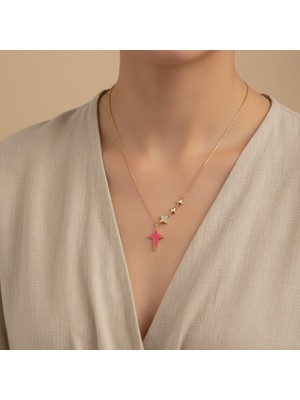 Xupıng Jewelry 14 Ayar Altın Kaplama, Yıldız Zirkon Taşlı Pembe Kolye