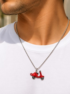 Herşey Nota Kırmızı Hareketli Tekerlekli Vespa Kolye Paslanmaz Çelik Zincirli 60 cm Unisex Motor Kolyesi