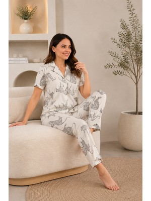 Wordex Mirano 4870 Dijital Baskı Kumaş Düğmeli Kısa Kolu Leoparlı Kadın Pijama Takımı