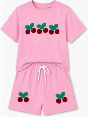 Yiğit Butik Yigit Butik Kız Çocuk Kiraz Nakışlı Şortlu Takım Yazlık Alt Üst Takım