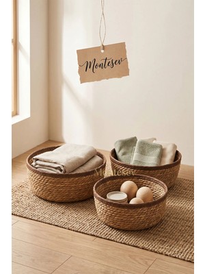 Montesev Nergis Hasır 3 lü Sepet Saklama Kutusu Sepet Takımı Organizer Mutfak Banyo Düzenleyicisi