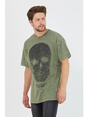 Polo State Erkek Parça Boya Baskılı Oversize Basic T-shirt  Haki