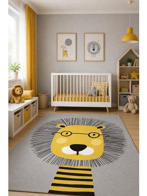 Norella Home Aslan Desenli Çocuk Halısı Kaymaz Taban Yıkanabilir Sevimli Hayvan Figürlü Çocuk Odası Halısı