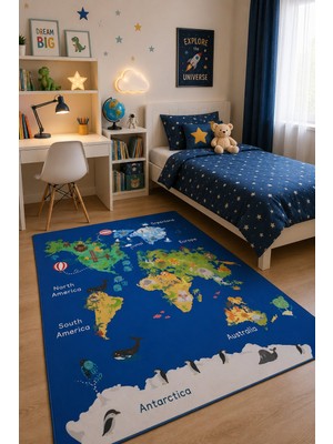 Norella Home Dünya Haritası Çocuk Halısı Hayvanlar ve Kıtalar Desenli Kaymaz Taban Yıkanabilir Eğitici Çocuk Odası Halısı